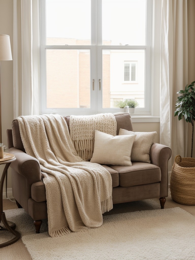 Cozy and inviting apartment decor ideas, focusing on warm tones, soft textures, and comfortable seating arrangements, incorporating plush throw pillows, cozy blankets, and inviting reading nooks.