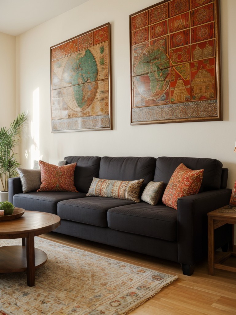 Global-inspired apartment decor ideas, incorporating elements from different cultures and regions around the world, such as exotic textiles, ethnic patterns, and decorative wall art.