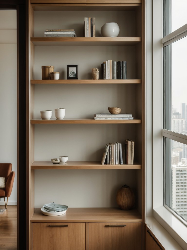 High-rise apartment decorating ideas, making the most of vertical living with tall bookshelves, floor-to-ceiling windows, and panoramic views, keeping the color palette light and airy to enhance the sense of spaciousness.