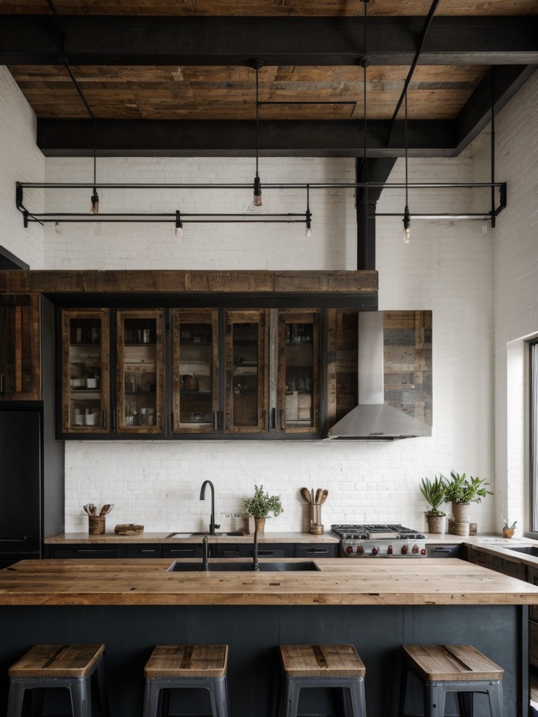 Industrial chic apartment design ideas, combining raw and rustic elements with modern finishes, utilizing exposed brick walls, metal accents, and reclaimed wood furniture.