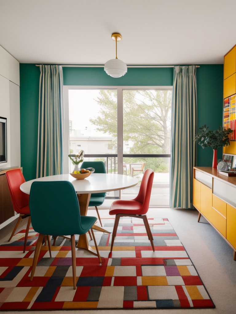 Mid-century modern apartment design ideas, paying homage to the iconic design era with sleek furniture, geometric patterns, and bold pops of color, such as vibrant accent chairs and retro-inspired artwork.