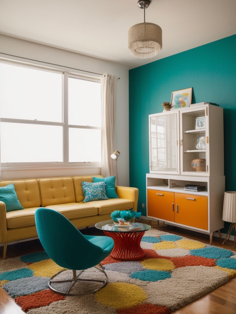 Retro-inspired apartment decor ideas, channeling throwback vibes from the '60s and '70s with vibrant colors, funky patterns, and statement furniture pieces like egg chairs and shag rugs.