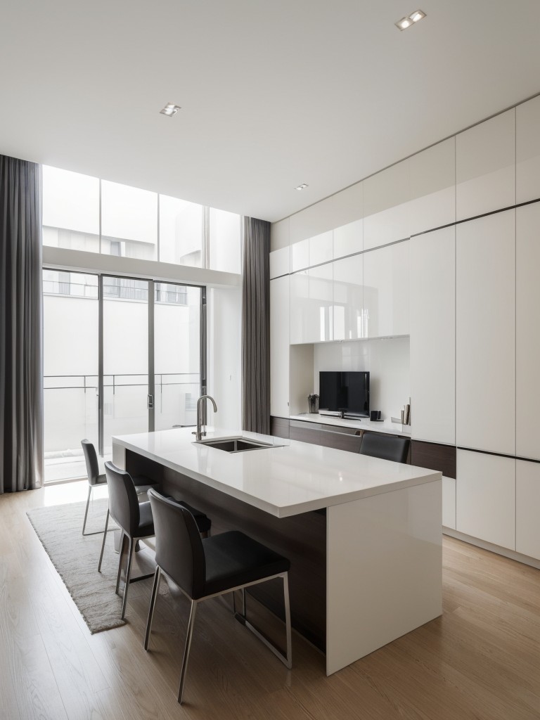 Sleek and minimalist apartment design ideas with an emphasis on clean lines, neutral colors, and a clutter-free aesthetic, using furniture with sleek profiles, concealed storage options, and strategically placed lighting fixtures.