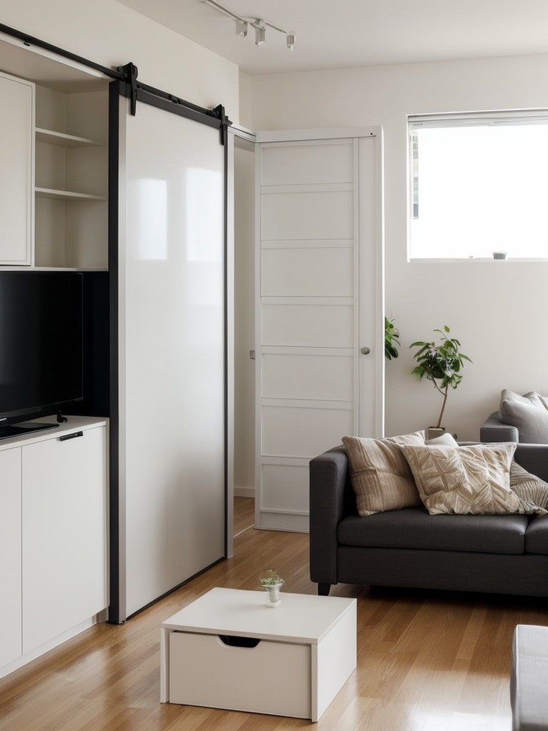 Small apartment decorating ideas for maximizing space, featuring multifunctional furniture pieces, smart storage solutions, and clever organization hacks, such as utilizing vertical space and incorporating sliding doors.