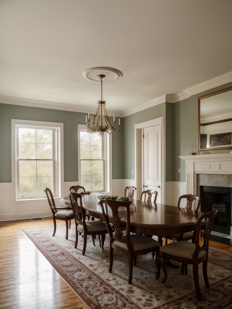 Traditional apartment decorating ideas, featuring classic furniture pieces, timeless color palettes, and refined details, like crown molding, wainscoting, and elegant window treatments.