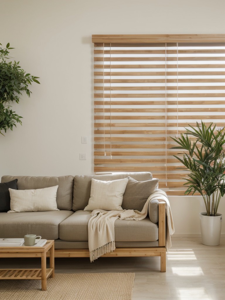 Zen-inspired apartment decorating ideas, creating a calming and peaceful atmosphere through a neutral color palette, natural materials, and minimalist decor, such as bamboo blinds and indoor plants.