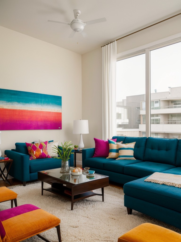 Add pops of vibrant color with bold throw pillows, statement rugs, or artwork to infuse energy and personality into your modern apartment living room.