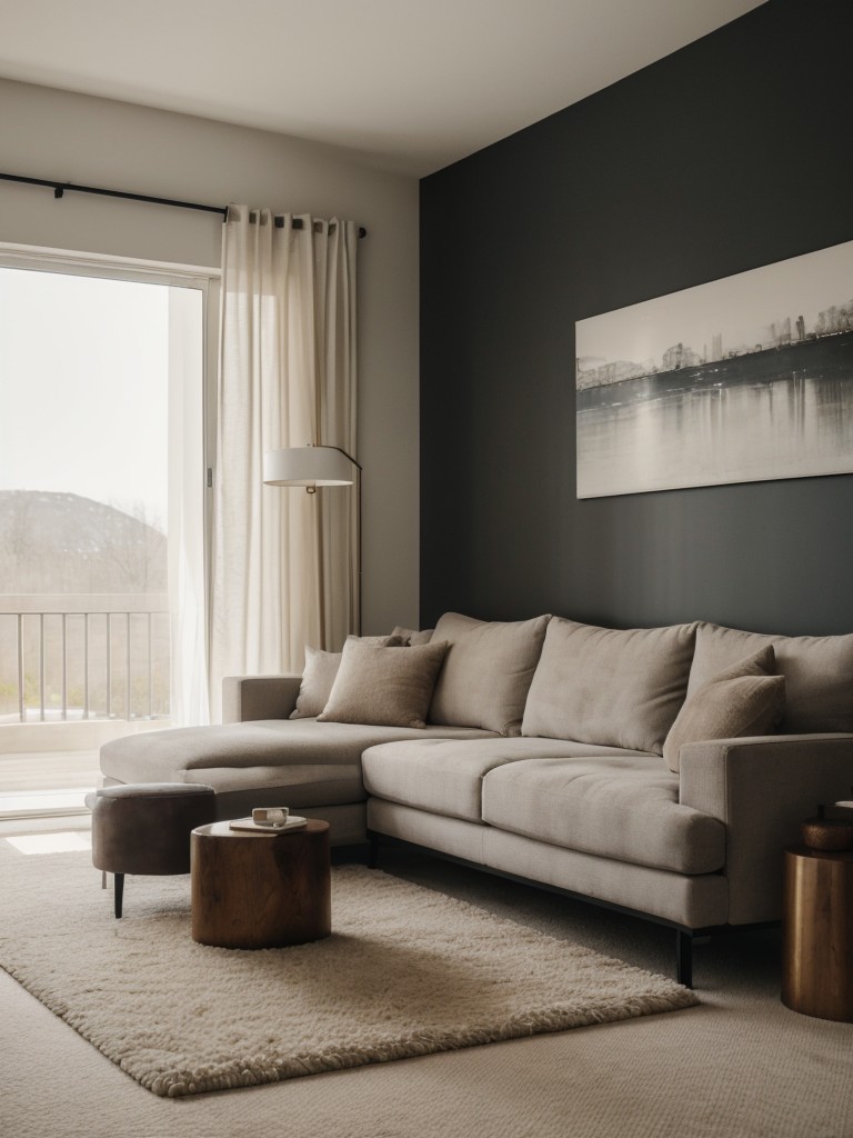 Create a cozy and inviting modern living room with plush rugs, oversized seating, and soft lighting to balance the sleek and minimalistic design.