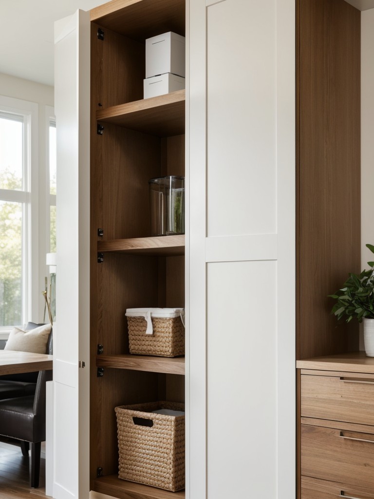 Incorporate minimalist storage solutions like floating shelves, built-in cabinetry, or hidden storage under seating to keep your living room clutter-free and organized.