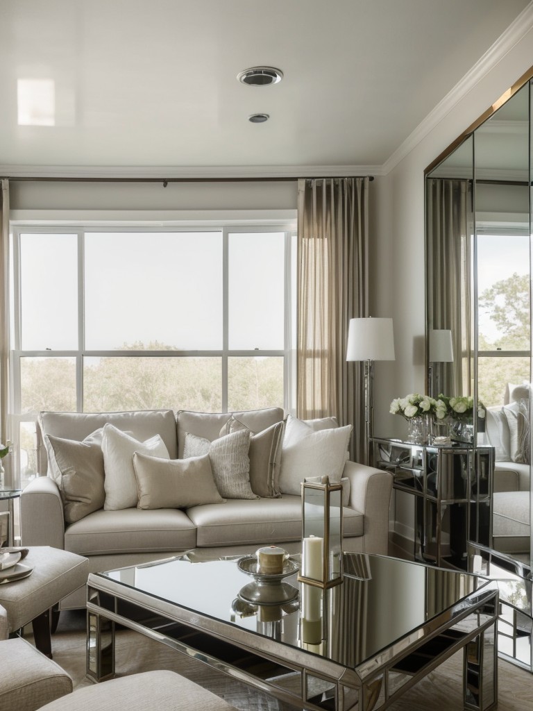 Incorporate reflective surfaces like mirrored furniture, glass tabletops, or metallic finishes to enhance the modern feel and create a sense of spaciousness in the living room.