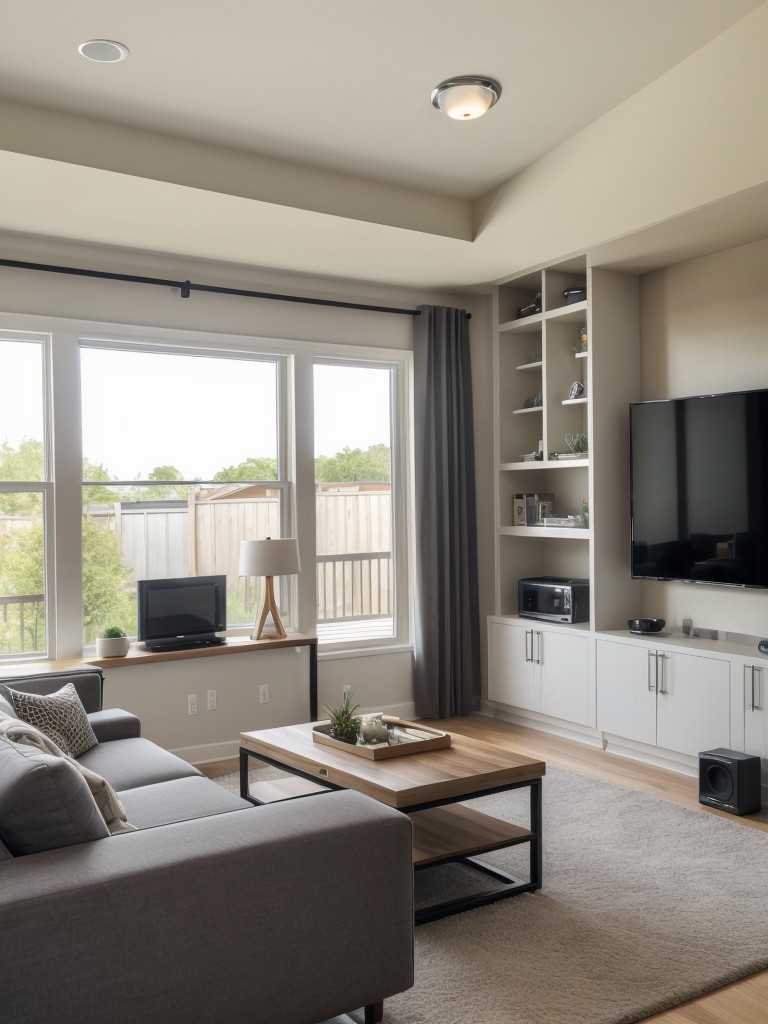 Incorporate technology-friendly features like built-in USB ports, wireless charging stations, or integrated sound systems to create a modern, tech-savvy living room.