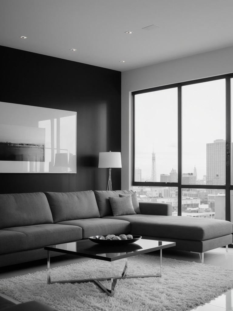 Use a monochromatic color scheme, such as black and white or shades of grey, to create a sleek and sophisticated modern living room.