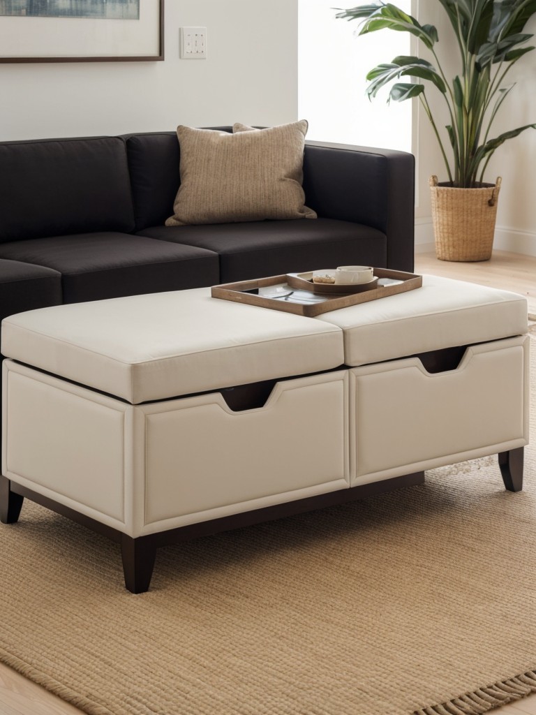 Opt for furniture with built-in storage, such as ottomans with hidden compartments or coffee tables with drawers.