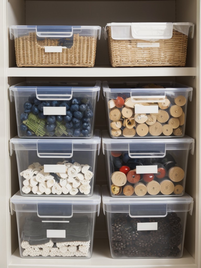 Use clear plastic bins or labeled storage boxes to keep items grouped and easily accessible.