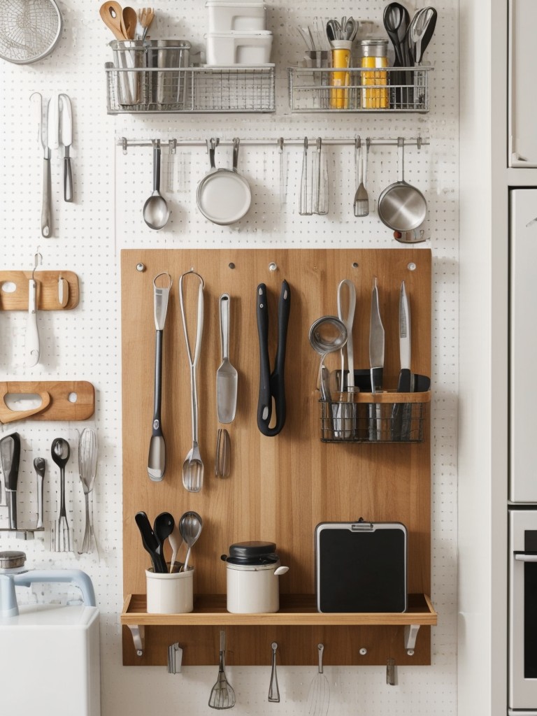 Utilize a pegboard or magnetic strips on the wall to hang tools, utensils, or small kitchen gadgets in your apartment's workspace.