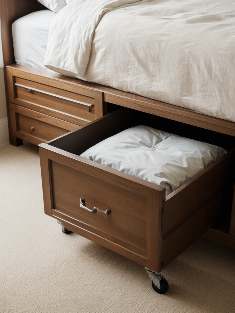 Utilize under-bed storage options, such as rolling storage bins or bed risers with built-in drawers.