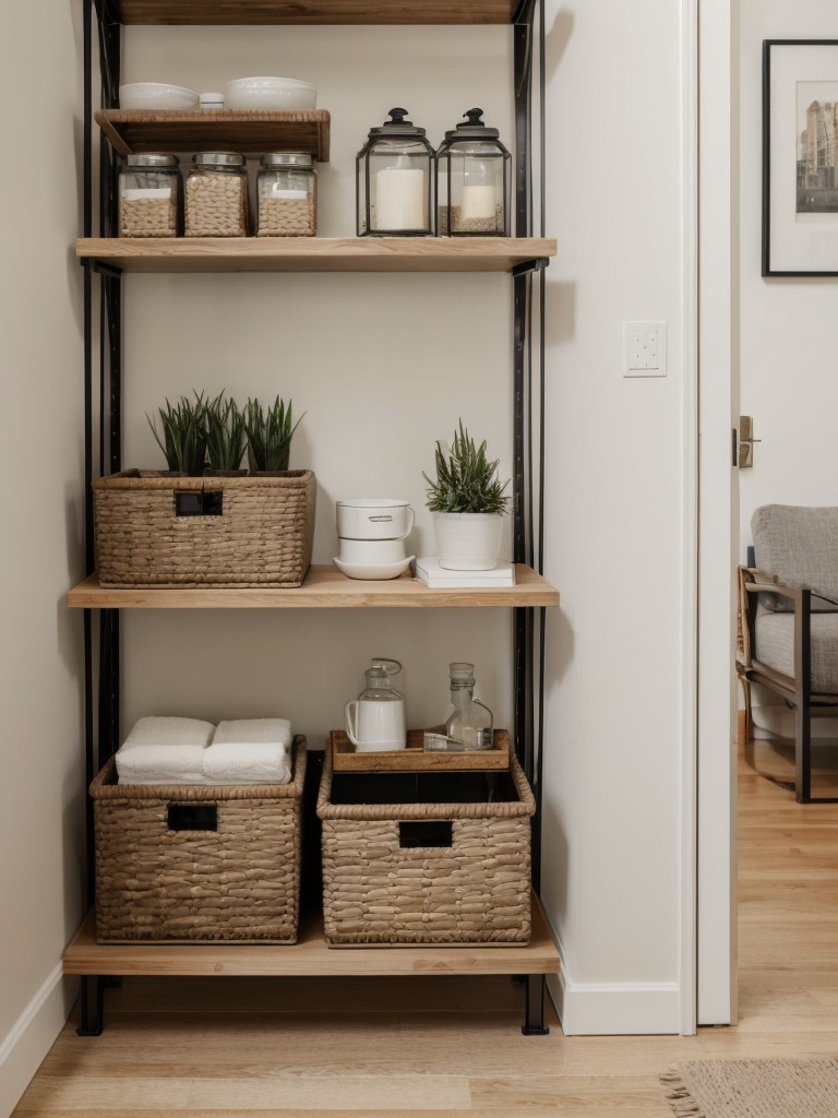 Incorporate open shelving units to showcase your favorite decor items while also keeping them easily accessible in a small apartment.