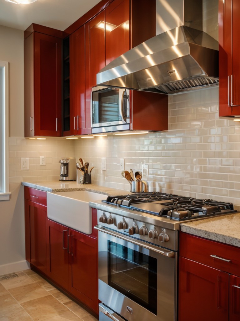 Bold and vibrant kitchen with bright colored cabinets, mosaic tile backsplash, and a statement chandelier.
