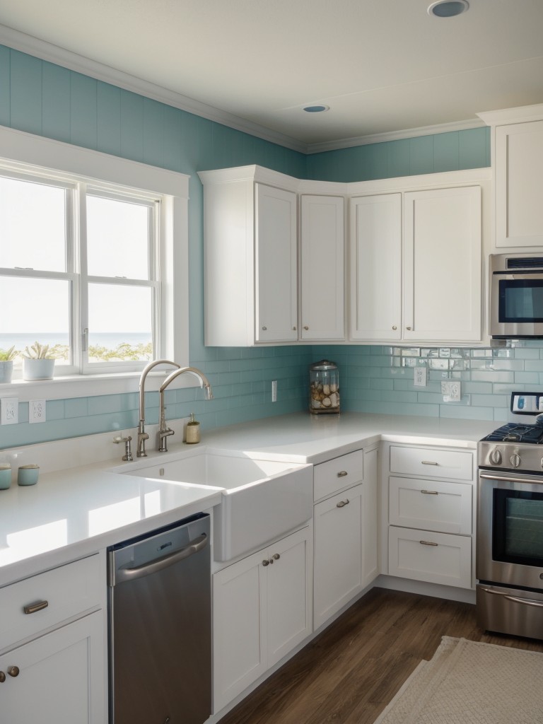 Coastal-inspired kitchen with white shaker cabinets, nautical decor, and natural sea-inspired color palette.