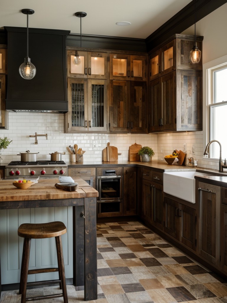 Eclectic kitchen with mix and match of different materials like reclaimed wood, patterned tiles, and bold colored countertops.