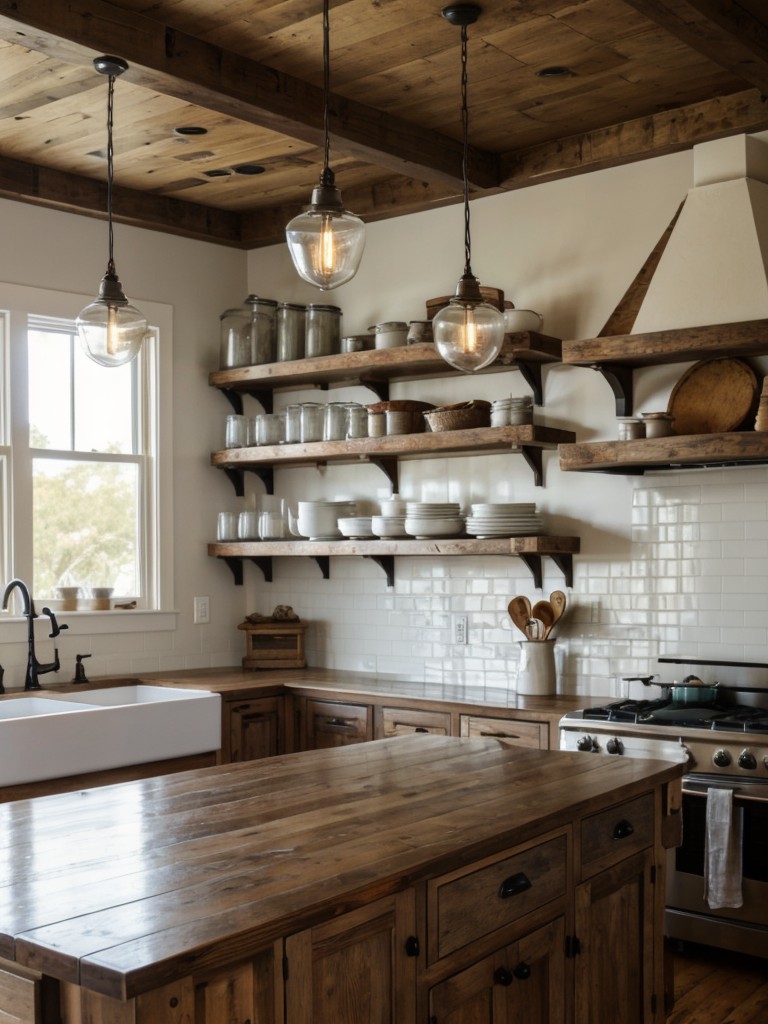 Farmhouse-style kitchen with a rustic wooden island, vintage-inspired pendant lights, and open farmhouse shelving.