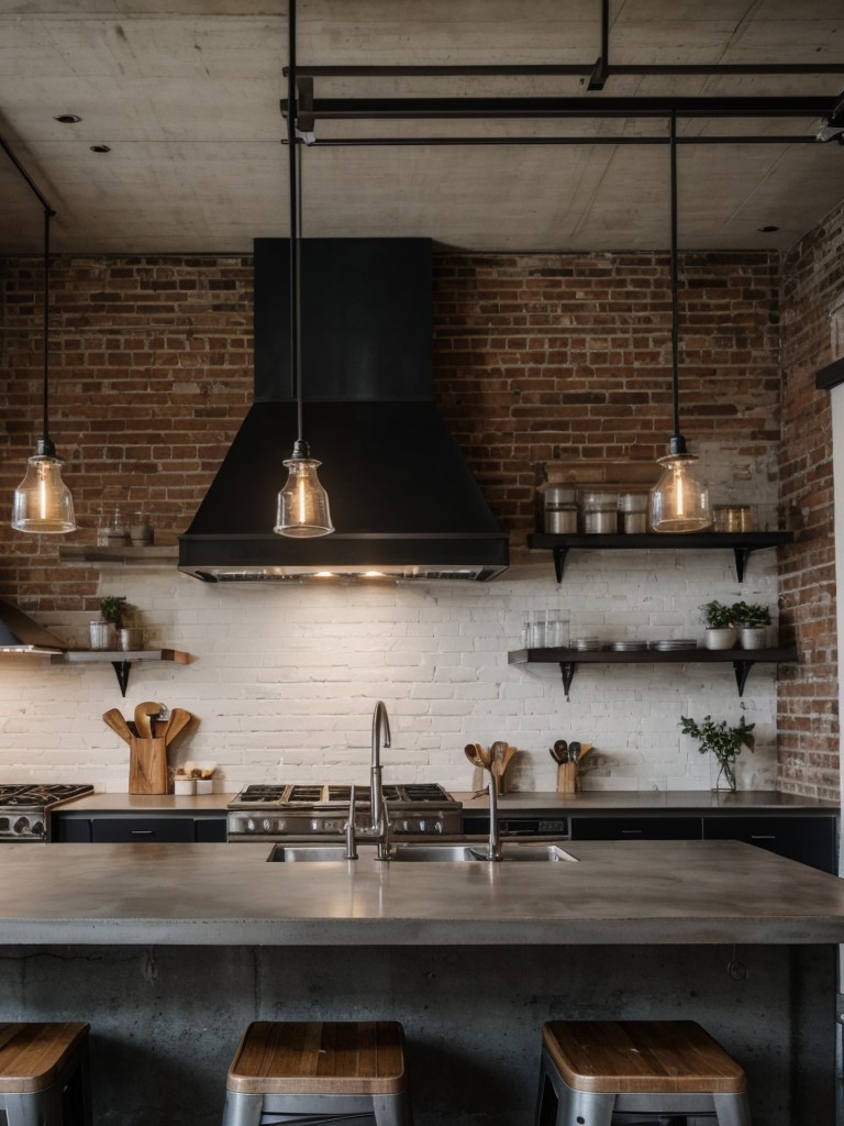Industrial chic kitchen with exposed brick walls, concrete countertops, and black steel accents.