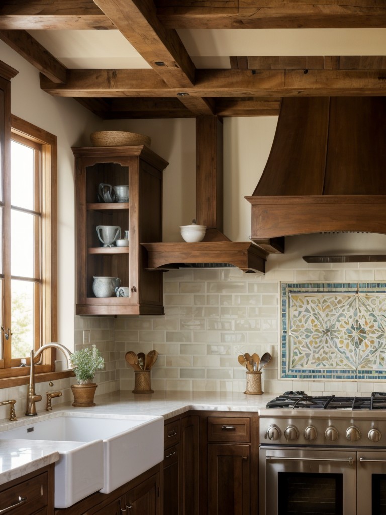 Mediterranean-inspired kitchen featuring traditional tiled backsplash, ornate cabinetry, and rustic wooden beams.