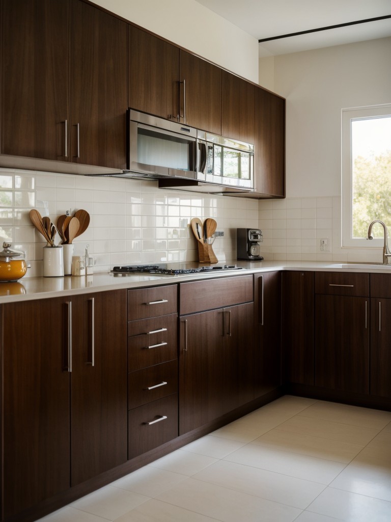 Mid-century modern kitchen with retro appliances, retro tiles, and sleek walnut cabinetry.