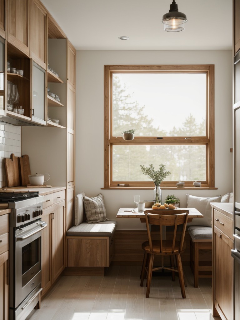 Scandinavian-inspired kitchen design featuring light wood cabinetry, open shelving, and a cozy breakfast nook.