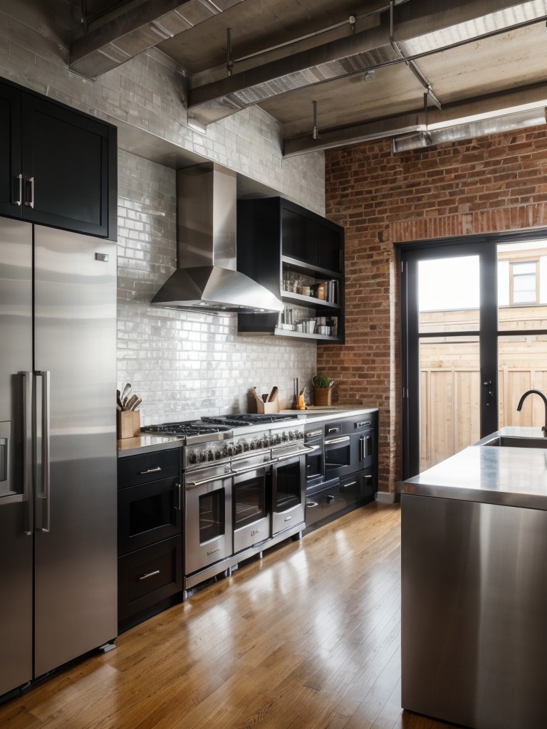 Urban loft kitchen with open concept design, stainless steel appliances, and exposed brick walls.