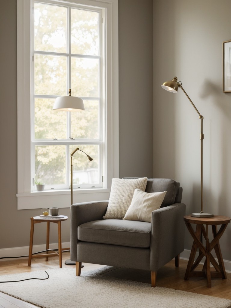 Create a cozy reading nook with a comfortable armchair, a side table, and a floor lamp for a modern touch.