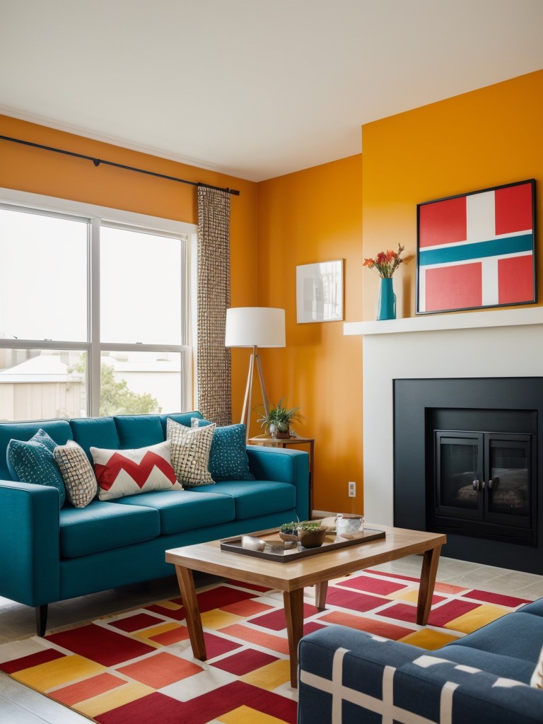 Experiment with bold colors and geometric patterns to add contemporary flair to your living room.