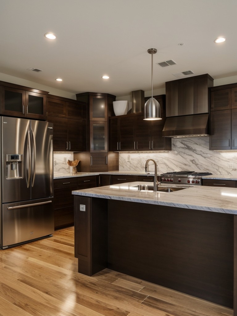 Choose high-quality finishes like marble countertops, premium wooden flooring, and stainless steel appliances for a luxurious kitchen.