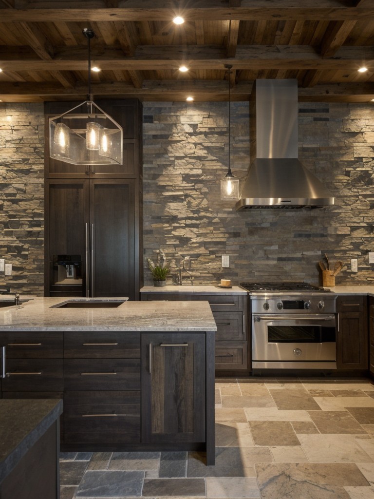 Accent with natural stone: Incorporate natural stone elements like river rock backsplashes or a slate accent wall to add an earthy and rustic feel to your modern apartment.