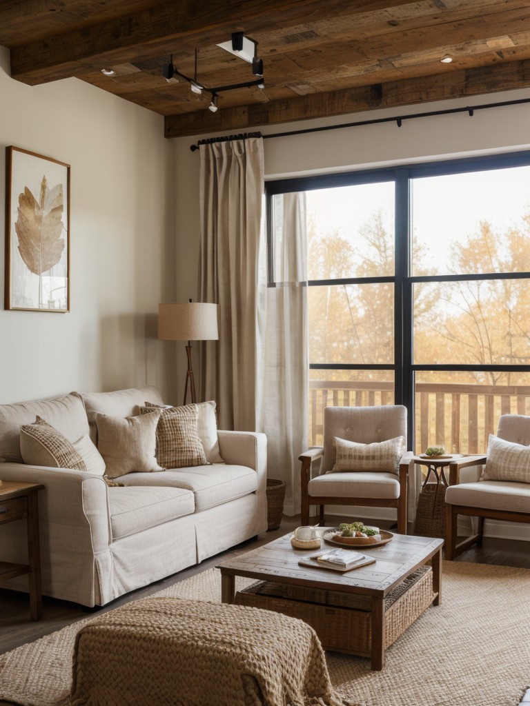 Coordinated textiles: Dress up your modern rustic apartment with textiles like cozy plaids, burlap accents, and woolen rugs to create a warm and inviting space.