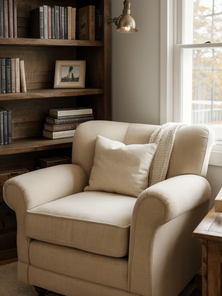 Cozy reading nook: Create a cozy corner in your apartment with a plush armchair, a rustic bookcase filled with your favorite reads, and a soft reading lamp to unwind and relax.