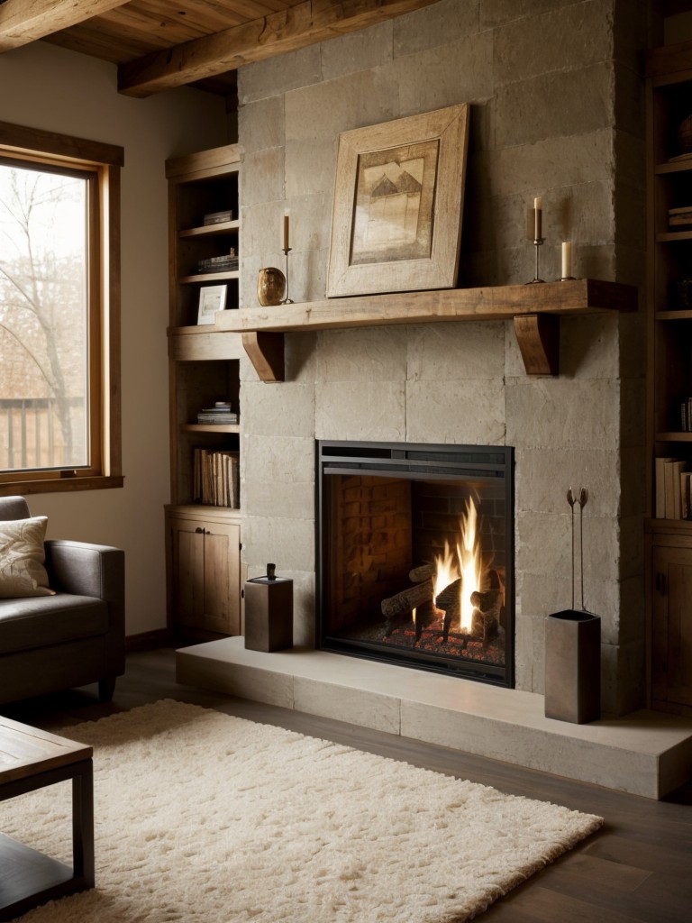 Cozy up with a fireplace: Incorporate a statement fireplace into your modern rustic apartment for both warmth and a rustic focal point that adds charm to your living space.