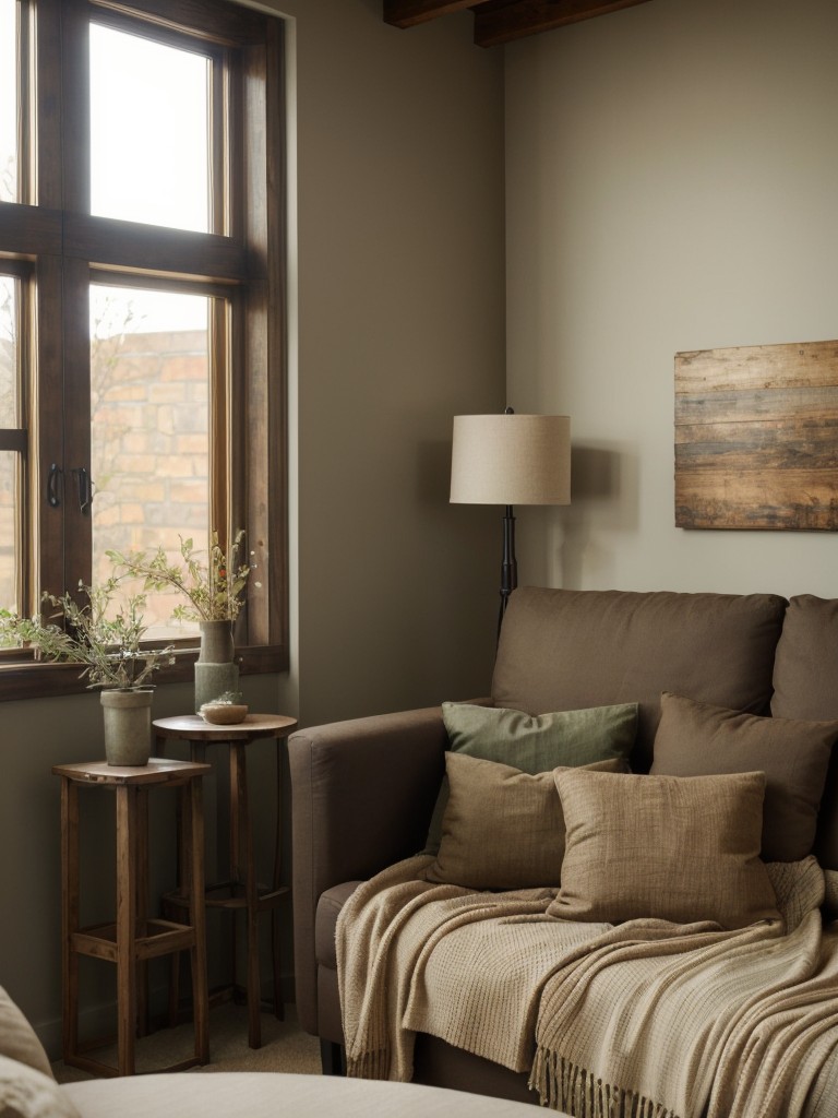 Earthy color palette: Opt for warm, earthy tones like deep browns, warm greys, and muted greens to cultivate a cozy and inviting atmosphere in your modern rustic apartment.