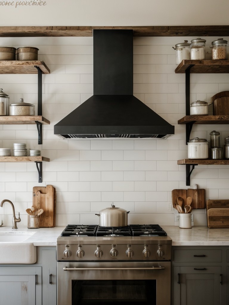 Farmhouse-inspired kitchen: Design a spacious and functional kitchen with rustic elements like open wooden shelving, farmhouse sinks, and a vintage-inspired range hood for a modern rustic twist.