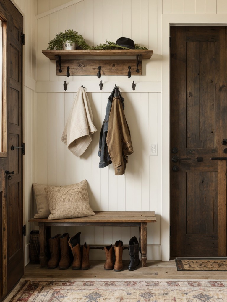 Greet guests with a rustic entryway: Create an inviting entryway with a reclaimed wooden bench, vintage accents, and wall-mounted hooks for coats and hats.