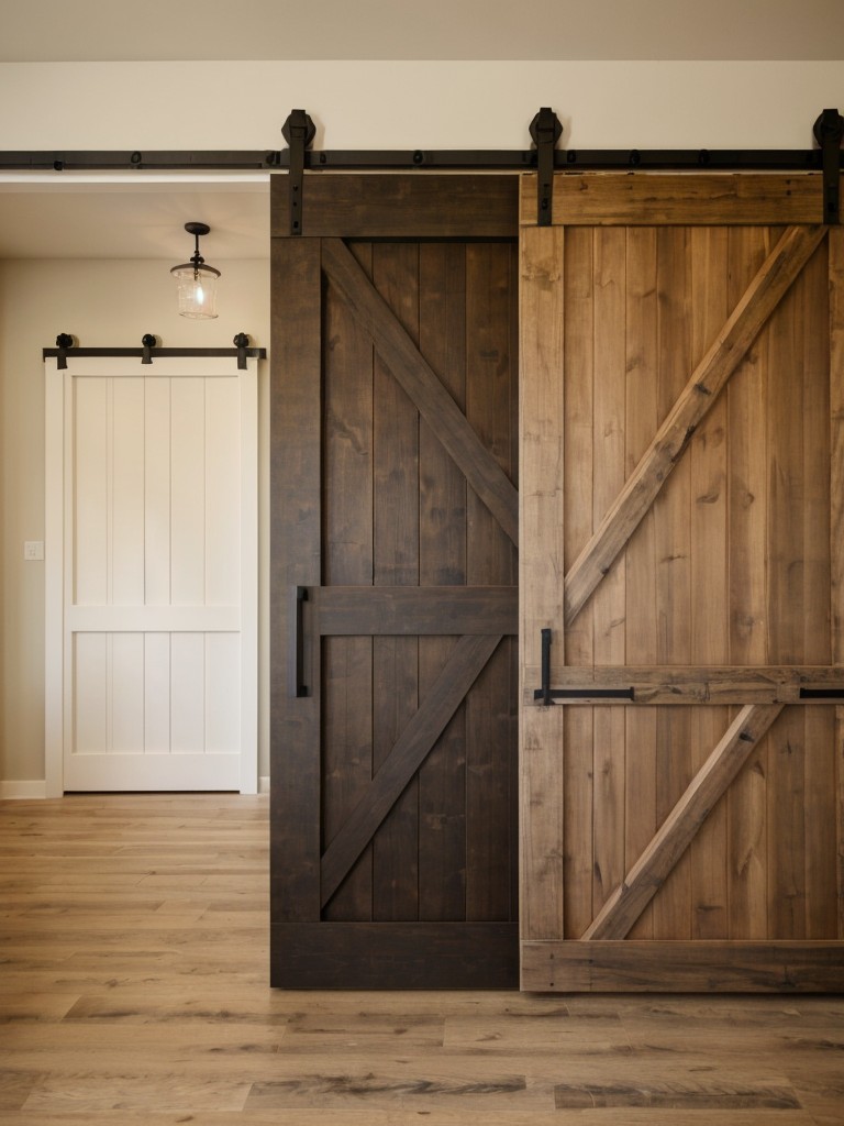 Install barn doors: Replace traditional doors with sliding barn doors to enhance the rustic feel while saving space and adding a touch of uniqueness to your apartment.