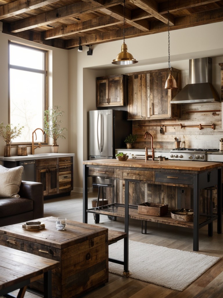 Mix metals and wood: Create visual interest by blending metals like brass, copper, or iron with reclaimed wood furniture to achieve a modern rustic apartment design.