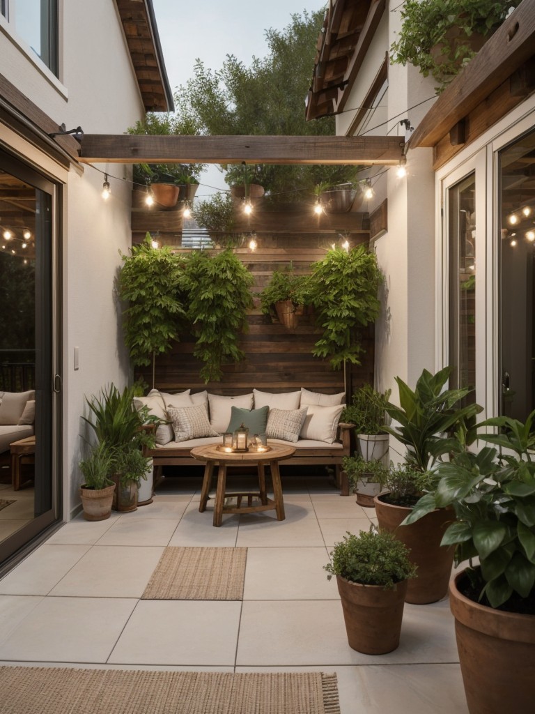 Outdoor living space: If you have access to a balcony or patio, transform it into a rustic oasis with wooden furniture, potted plants, and cozy outdoor lighting for a seamless extension of your apartment.