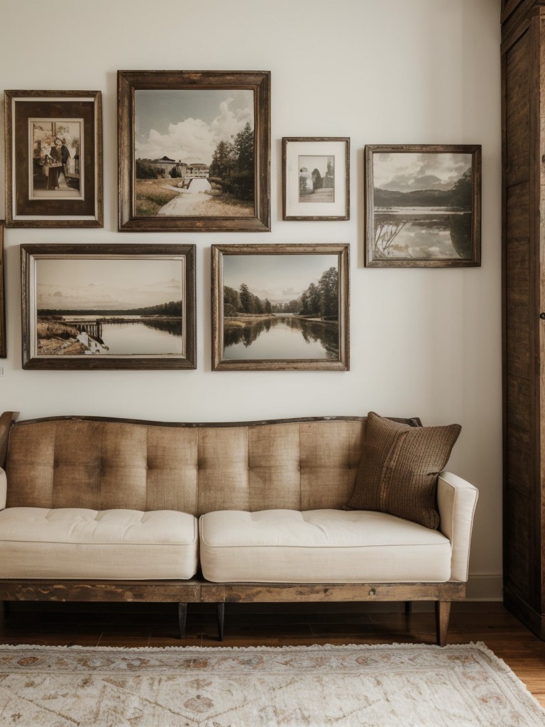 Rustic gallery wall: Display a collection of vintage artwork, family photos, and antique mirrors on a feature wall to infuse your modern apartment with rustic character and charm.