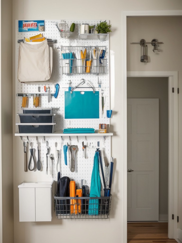 Utilize wall hooks or a pegboard to keep items organized and off the floor.