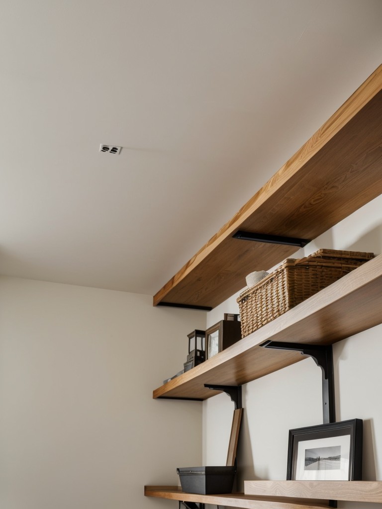 Hang artwork or install floating shelves at eye level to draw the eye upward, making the ceiling appear higher and the apartment feel more spacious.