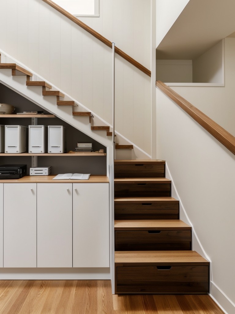 Utilize the space beneath the staircase for storage or even a small home office area to maximize functionality and make the most out of every square foot.