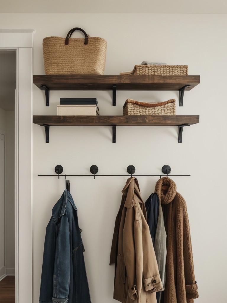 Utilize vertical wall space with the addition of wall-mounted hooks, racks, or shelves for hanging coats, bags, or displaying decorative items.