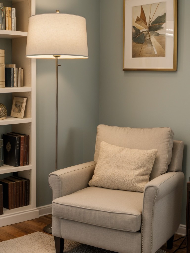 Create a cozy reading nook by placing a comfortable chair, a floor lamp, and some shelves for your favorite books in a corner of your studio apartment.