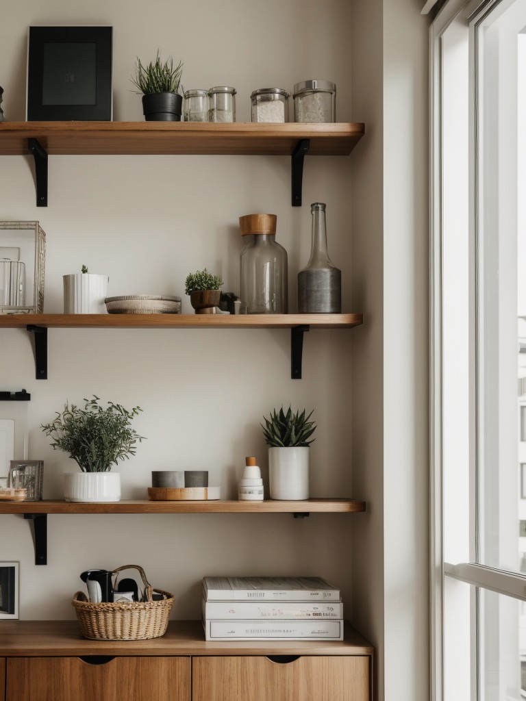 Embrace open shelving to showcase your personal belongings while adding a touch of modernity to your studio apartment.